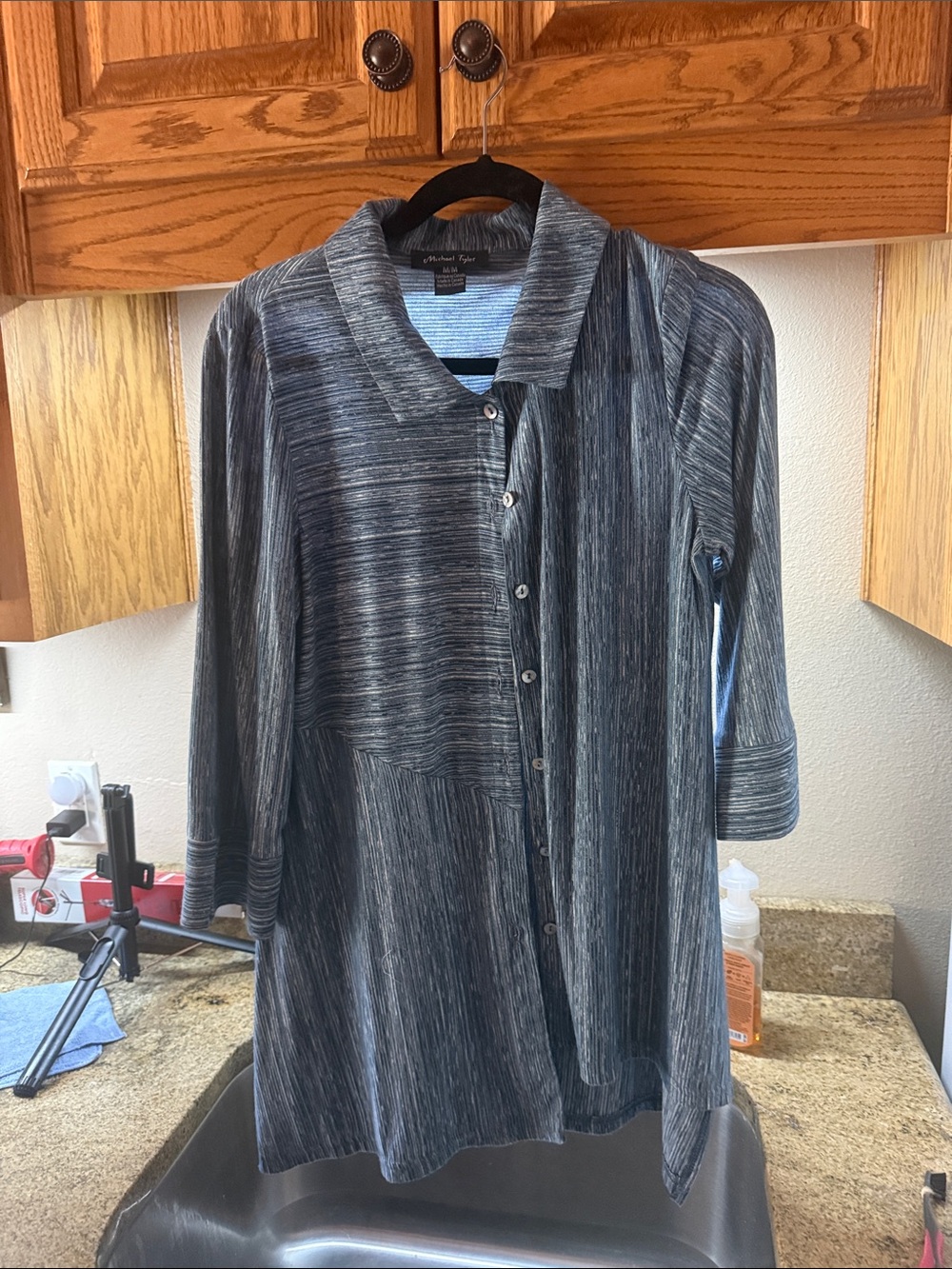 Alfred Dunner Black/Gray Striped Button-Front Blouse